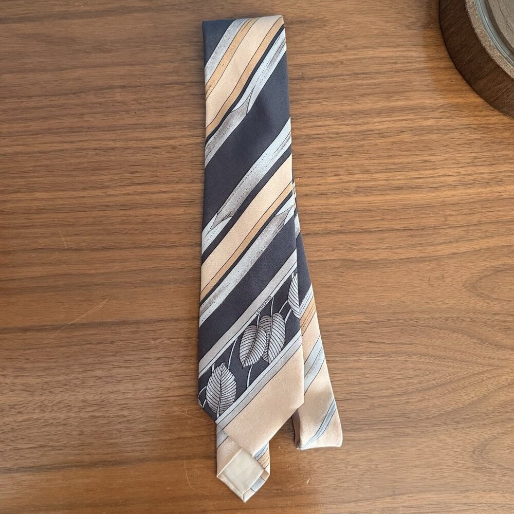 LEONARD Paris Tie 100% Silk Made in Italy Vintage Handmade Stripe Leaves